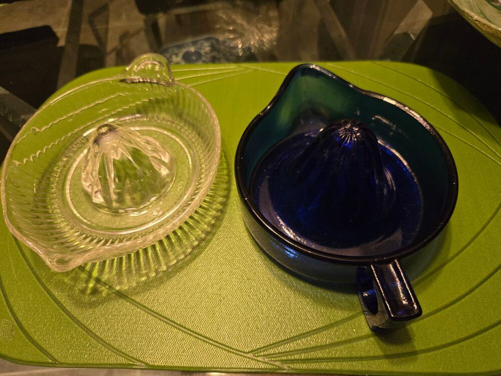 2 Vintage Cobalt Blue & Clear Glass Citrus Juicer Reamer Hand Pour 8 1/2X5 1/2"